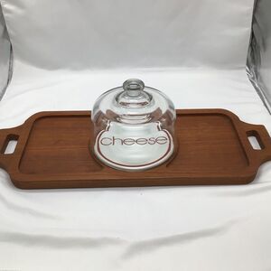Vintage Goodwood Teak Wood Cheese Tray with Glass Dome 21” X 8”